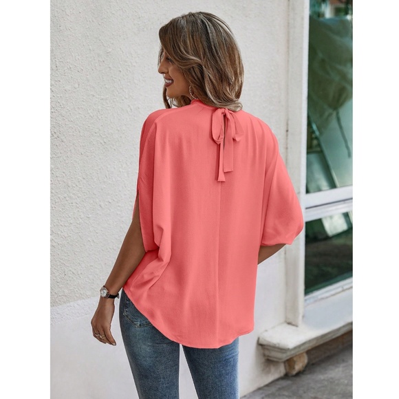 Coral Blouse Top Flowy, High Neck - Picture 4 of 13